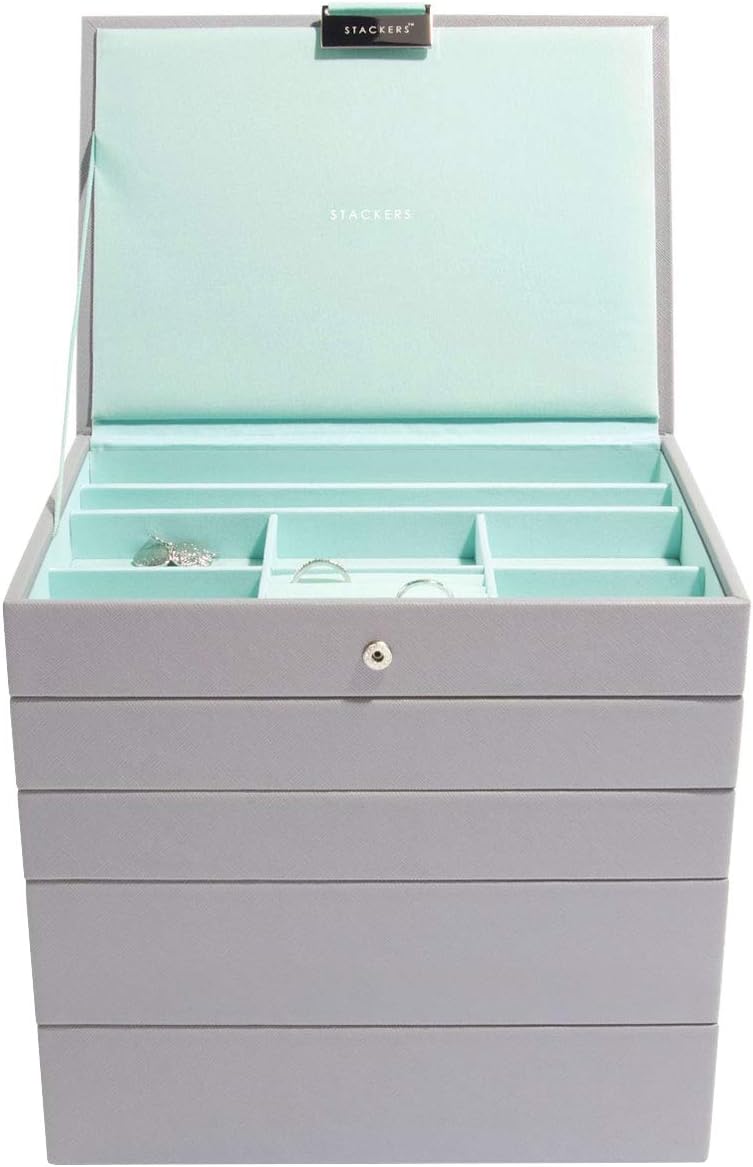 Stackers Dove Grey with Mint Green Classic Medium Jewellery Box, Set of 5, Dove Grey/Mint Green