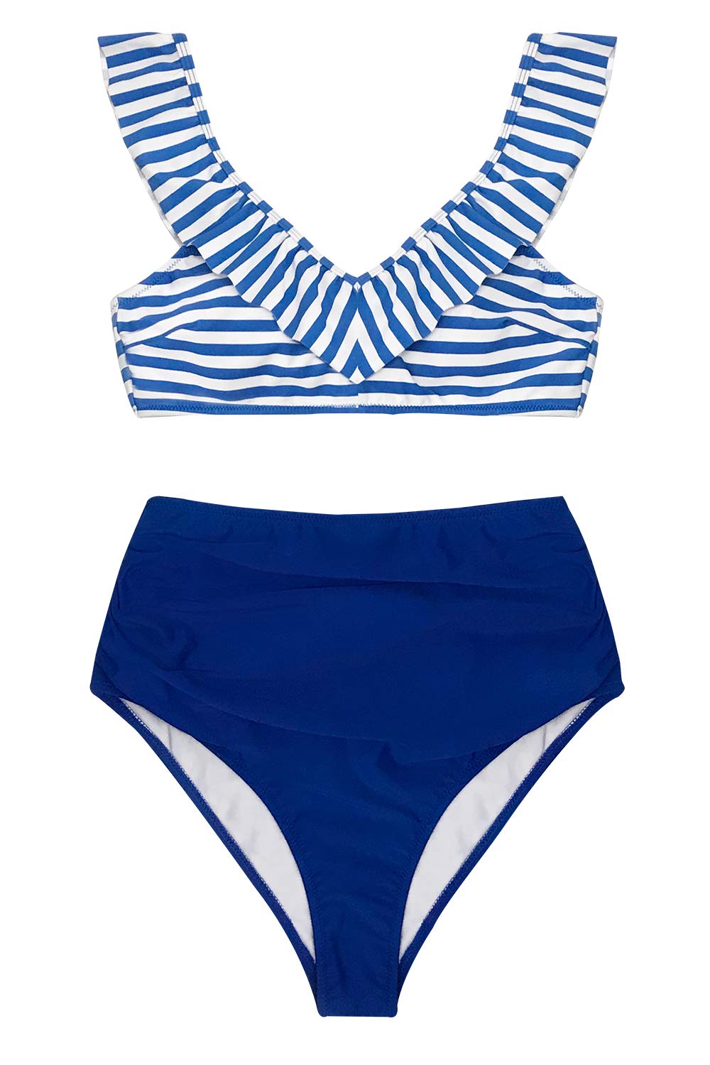 CUPSHE Women's Blue Striped High Waisted Bikini with Ruffle
