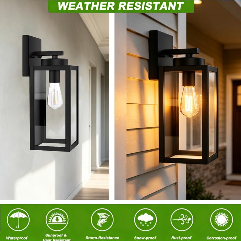 XZM Waterproof Outdoor Wall Light Fixture 2 Pack, Black Exterior Porch Light Wall Sconce with Clear Glass, Anti-Rust Weatherproof E27 Base for House Front Door Patio Garage Garden (2 Pack)
