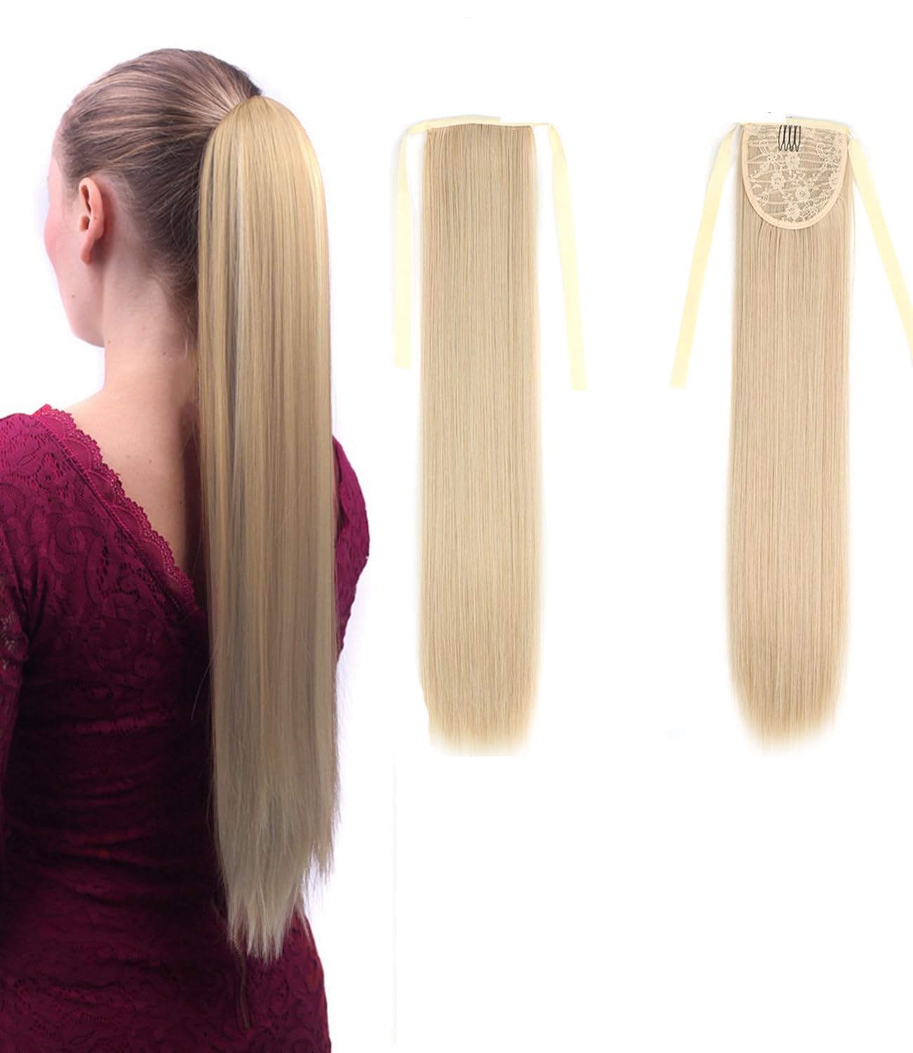 Royalfirst Ponytail Hair Extensions for Women Girls 22 Inch Long Straight Natural Looking Wrap Around Clip in Pony Tails Synthetic Hairpieces (M18/613#)