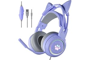 Xmenha Cat Ear Headphones Purple Gaming Headset with Mic for Switch Xbox One PS4 PS5, Cute Girl Kids Wired Headphones Light up Kawaii Kitty Noise Cancelling Headphones for Gamer PC Laptop