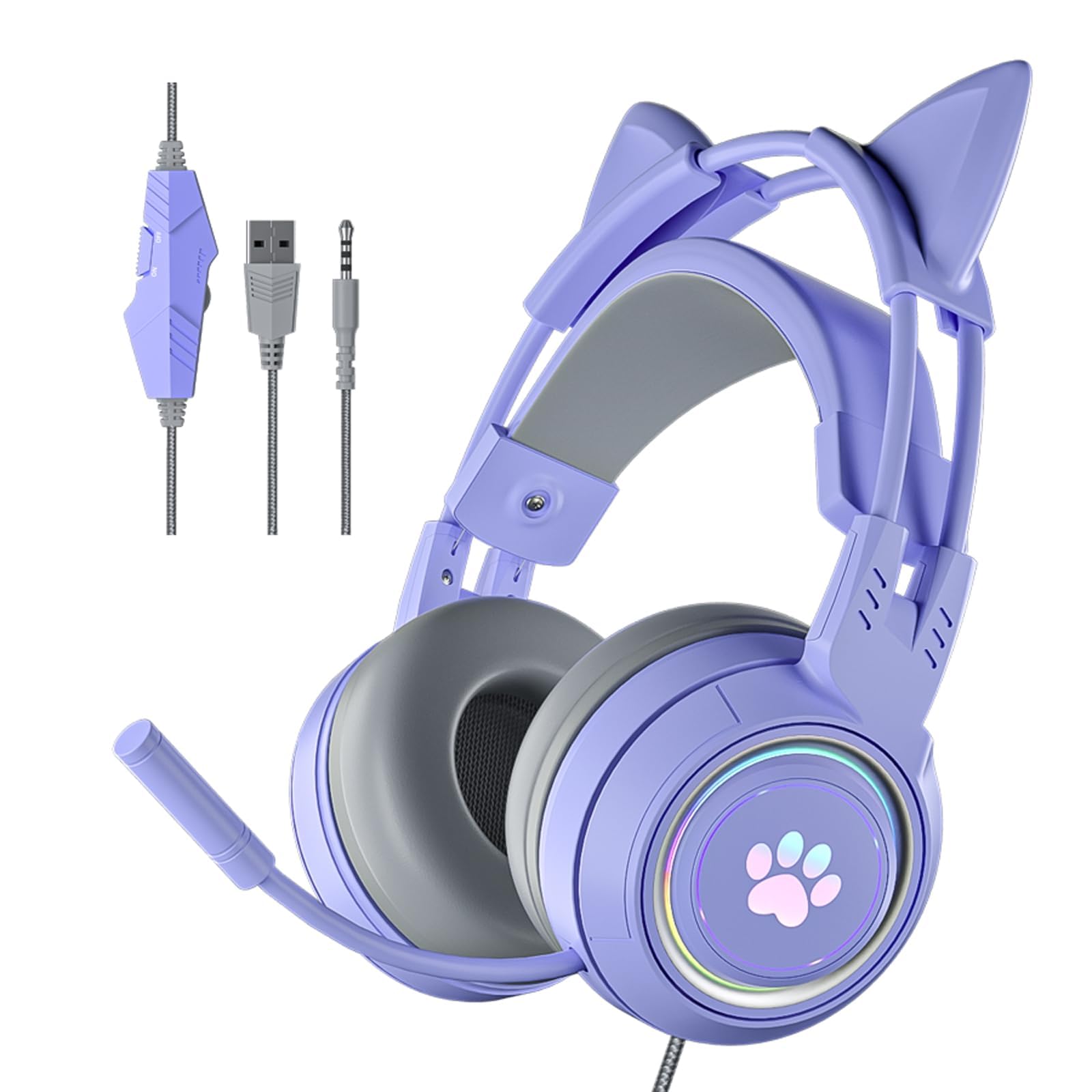 Xmenha Cat Ear Headphones Purple Gaming Headset with Mic for Switch Xbox One PS4 PS5, Cute Girl Kids Wired Headphones Light up Kawaii Kitty Noise Cancelling Headphones for Gamer PC Laptop