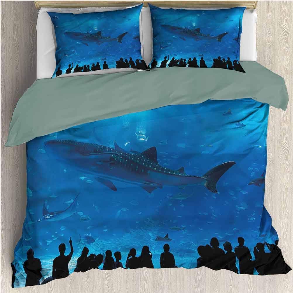 HELLOLEON Shark 3-Pack (1 Duvet Cover and 2 Pillowcases) Bedding Aquarium Park and People Polyester (Twin)