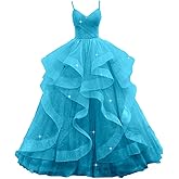 XSIATO Glitter Tulle Prom Dresses Spaghetti Straps Ball Gowns for Women Puffy Tiered Formal Evening Party Dress