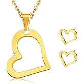 Xinjoduz 1 Set Heart Necklace and Earring Set Gold Cute Love Heart Chain Necklace Stainless Steel Dainty Open Hearts Dangle Gold Chain Neck lace and Earring Jewelry for Women Christmas Valentine Gift