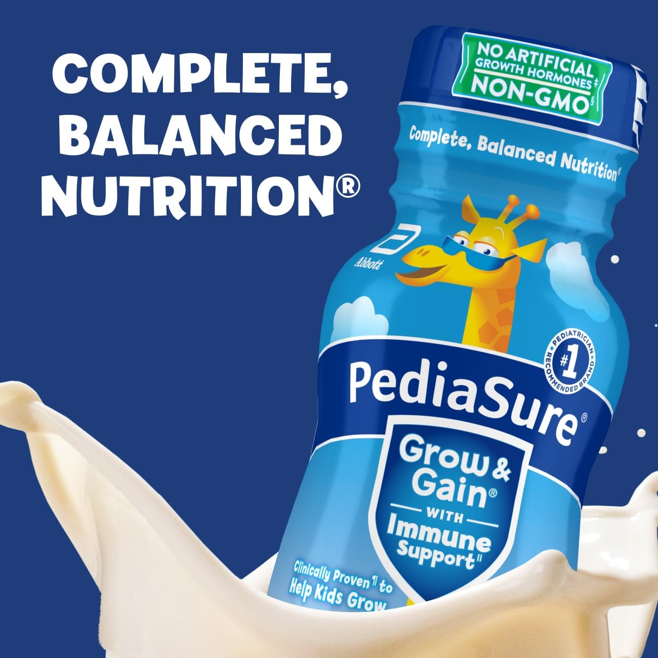 PediaSure Grow & Gain with Immune Support, 27 Vitamins & Minerals for Kids, 7g Protein, Non-GMO, Gluten-Free, Vanilla, 8-fl-oz Bottle, Pack of 24