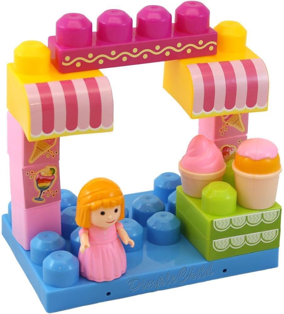 Dimple โThe Ice Cream Shopโ Block Set, Variety of 15 Building Blocks with Different Shapes & Sizes, Along with Buildable Lid & Girl Figurine, Educational Toy, Great for Kids & Toddlers