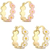 2 Pairs Small Daisy Flower Hoop Earrings for Women Gold-Toned Enamel Floral Cartilage Piercing Snap Back Hoops Earring Fashion Bridal Wedding Holiday Jewelrys