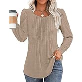 TUZIERDUO Womens Long Sleeve Shirts Pleated Dressy Casual Blouses Crewneck Trendy Fall Fashion Loose Fit Tunic Tops