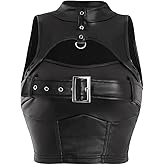 BEAUDRM Women's Faux Leather Tank Top High Neck Cut Out Buckle Front Slim Fit Y2k Crop Tops