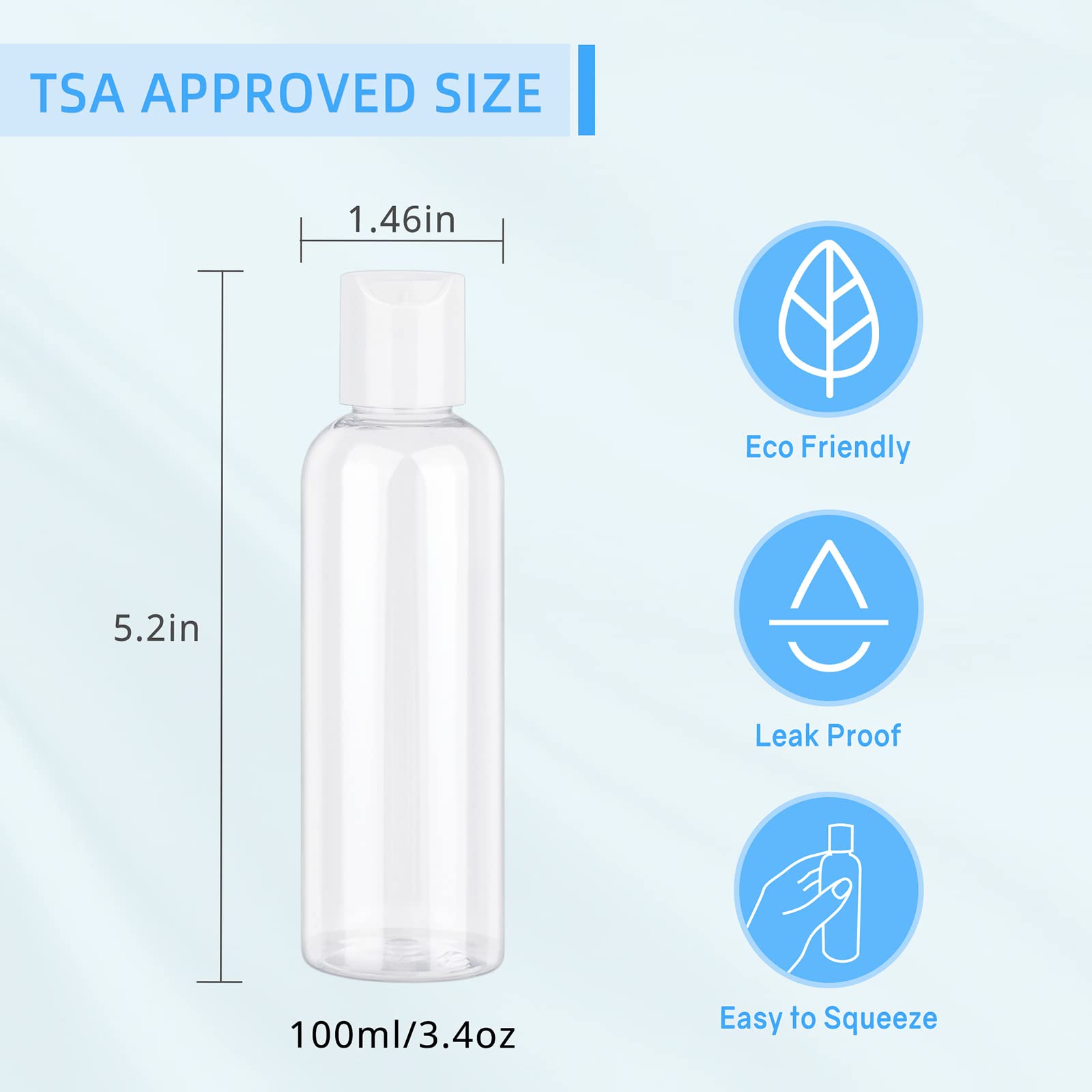 TSA Approved Travel Bottles Set for Toiletries Squeeze Size Container Kit Portable Leak Proof Refillable Cosmetic Airplane Essential Shampoo Hair Conditioner Body Lotion Bath Shower Gel