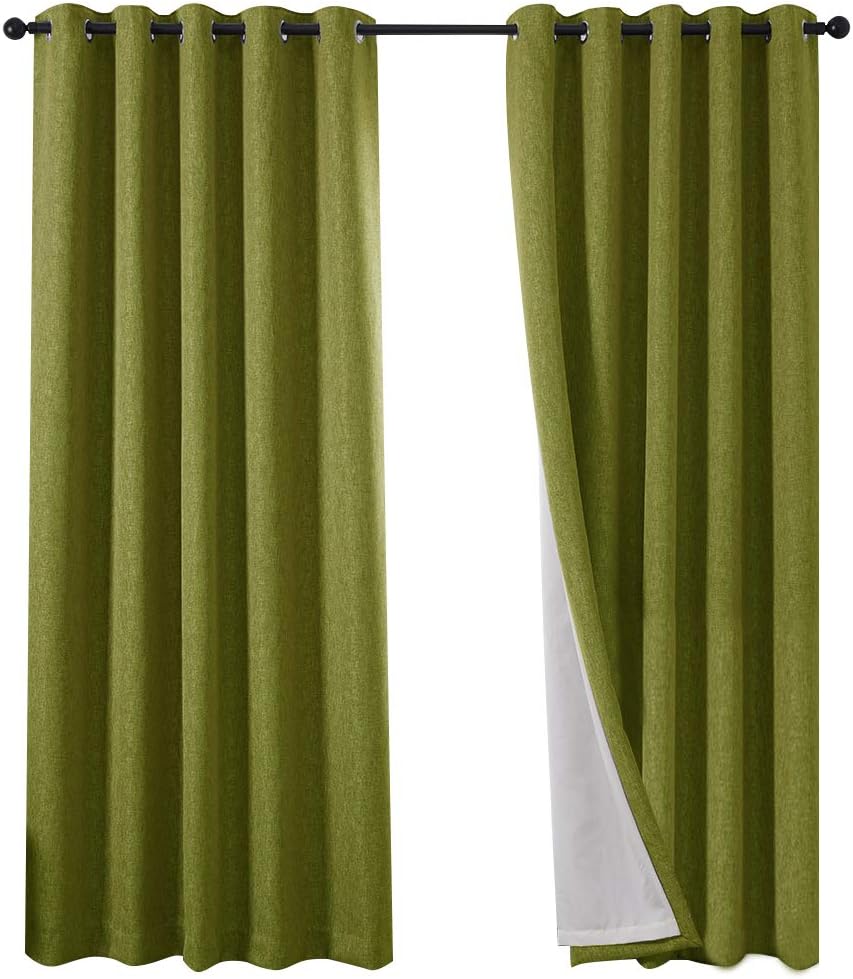 QINUO HOME Soft Weave Linen Lined Blackout Curtains - Solid Thermal Insulated Solid Grommet Curtains Blackout Window Treatments Curtains, 1 Pair, 90x72 inch, Green