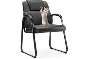 Sweetcrispy Waiting Room Guest Chair, Leather Stationary Office Reception Chairs No Wheel, Comfy Padded Arms and Seld Base, for Conference Room Lobby Home Computer Desk Bedroom Elderly, Black