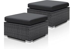 NICESOUL® Modern Luxury All-Weather Outdoor Wicker Ottoman Set of 2 Fine Grey PE Rattan Alloy Steel Frame Footrest Wide Deep Seat 2 Pieces Foot Stools with Thicken Cushions for Indoor Outdoor Patio