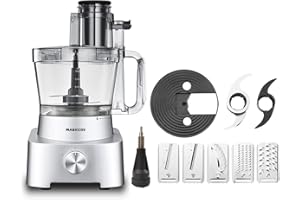 Magiccos 14-Cup Aluminum Diecast Food-Processor - XL Bowl, Large Chute, 800W Motor， Rugged Silver Base, Slicing & Shredding, 