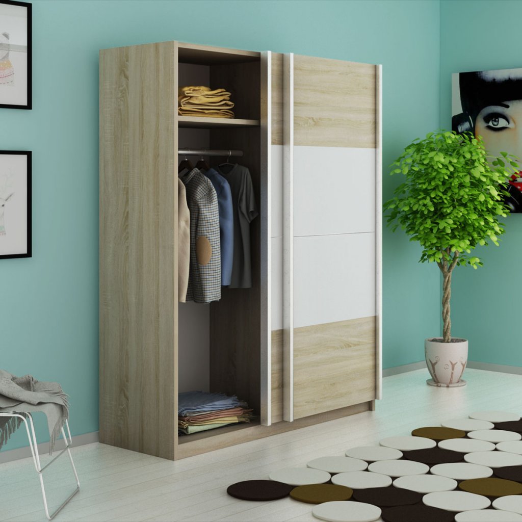 Festnight High Gloss 2 Doors Sliding Wardrobe With Hanging