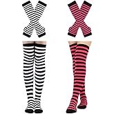 Barrlves 2/4 Sets Womens Striped Knee High Socks Long Knitted Arm Warmers Fingerless Gloves for Halloween Costume