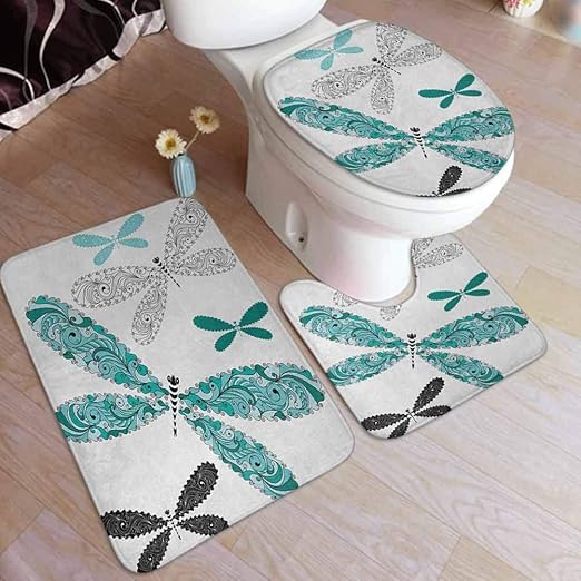 Amazon Com Ahuimin Dragonfly Bath Rug Set 3 Piece Ornamental Dragonfly Figures With Lace And Damask Effects Artsy Image Bath Rug 3 Piece Soft Velvet Bathroom Rugs Set Home Kitchen