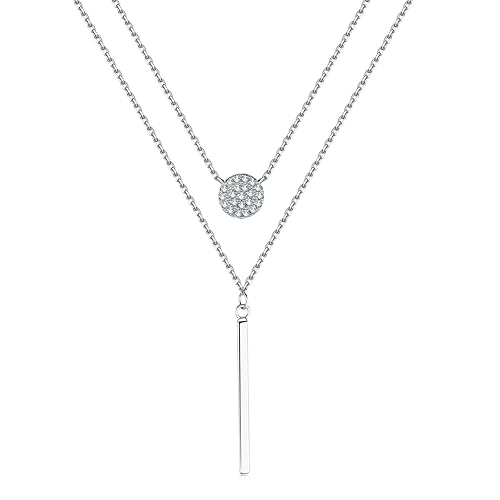 EVERU Kette Damen Modeschmuck Halskette Doppelkette mit Zirkonia Runder Anhänger, Stab Anhänger in 925 Sterling Silver