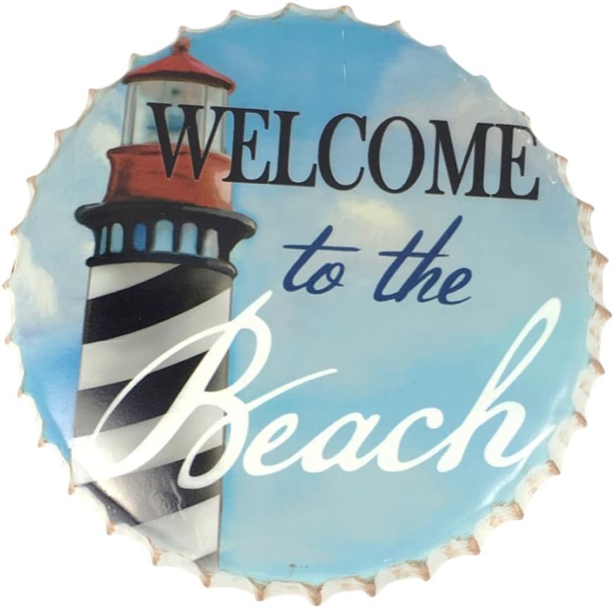DEVALI Large Welcome to The Beach Bottle Cap Shaped Metal Wall Sign | Home Office Bar Decor | Vintage Appearance | Coastal Decorative Accessory | 9.75" | Black Friday Christmas Gift