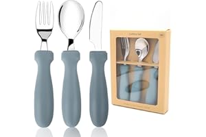 Toddler Utensils Set, 3 Pieces Toddler Utensils Stainless Steel Fork, Spoon and Knife Set with Silicone Holding Design, Socub Children's Flatware Set, BPA Free, Ether