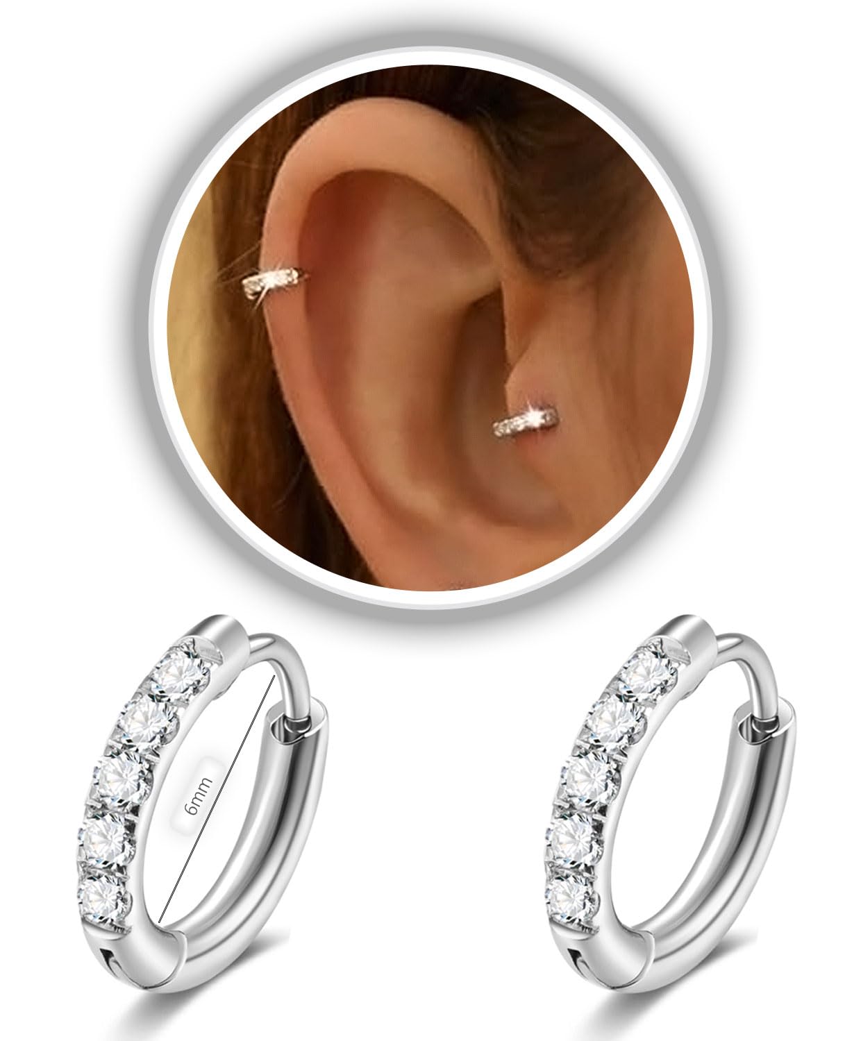 Photo 1 of Small Silver Hoop Earrings for Women Men,316L Surgical Steel Hinge Huggie Hoop Earrings fit Cartilage, Helix, Tragus, Sung, Earlobe Lightweight Hypoallergenic Earrings (1 Pair-Delicate 6mm)