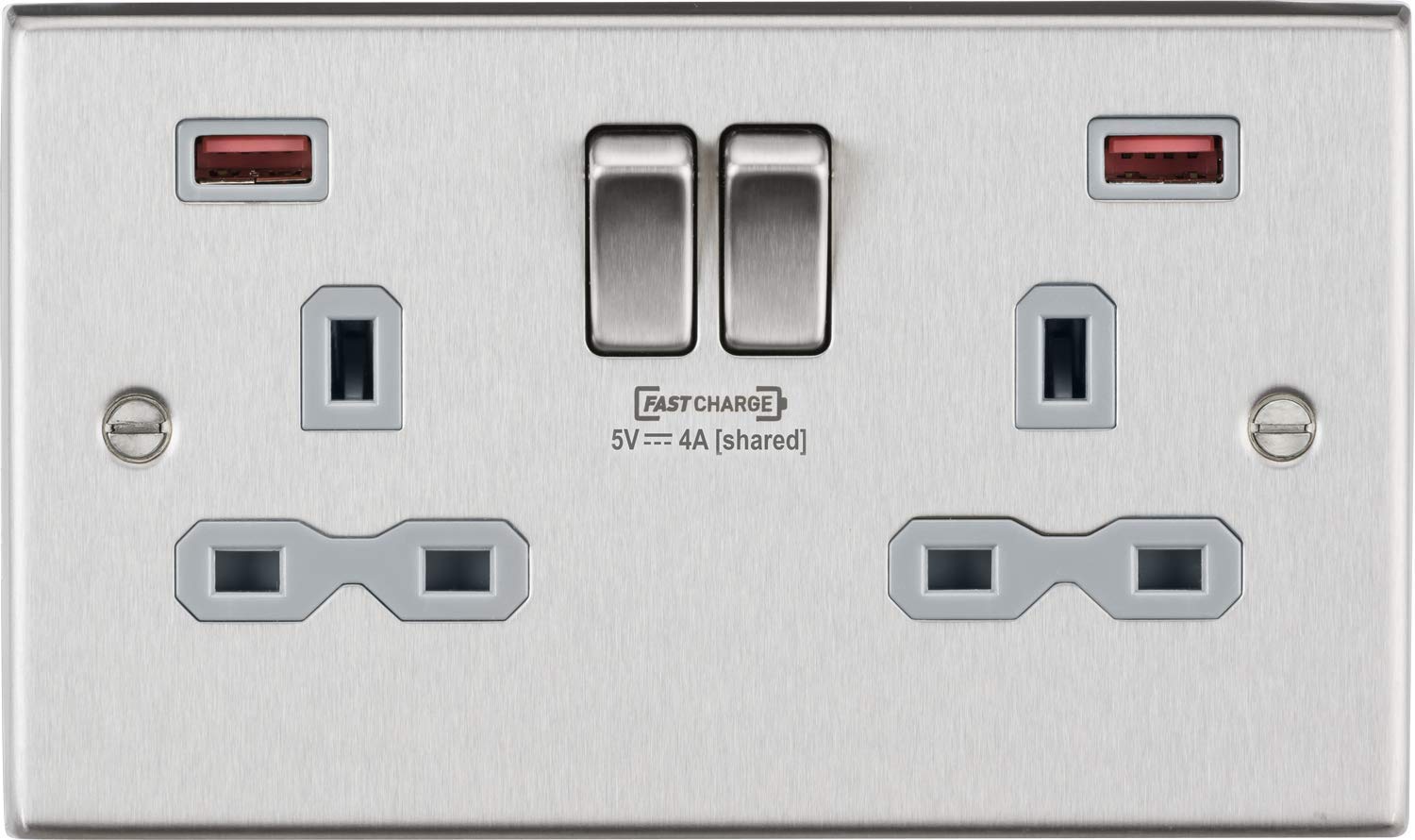 Knightsbridge Square Edge Twin Switched Socket with Dual Fastcharge USB A+A Ports in Brushed Chrome with Grey Insert