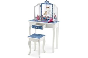 HONEY JOY Kids Vanity, Snowflake Themed Princess Makeup Vanity Set for Little Girls, Real Glass Tri-Folding Mirror, Bedroom Dressing Table & Chair Set, Wooden Girls Vanity Set w/Mirror and Stool(Blue)