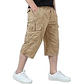 EKLENTSON Men's Cargo Shorts Casual Twill Elastic 3/4 Capri Pants Below Knee Long Shorts with 7 Pockets