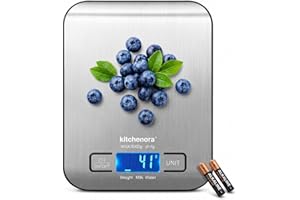 KitchenOra Digital Food Kitchen Scale, 11lb/5kg Capacity with 1g Precision, 5 Units (g/oz/lb:oz/ml/fl'oz), 304 Stainless Steel Surface, Backlit LCD, Tare Function for Cooking, Baking, Keto & Meal Prep