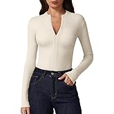 QINSEN Long Sleeve Shirts for Women V Neck Half Zipper Ribbed Knit Going Out Tops Full Length Basic Tee