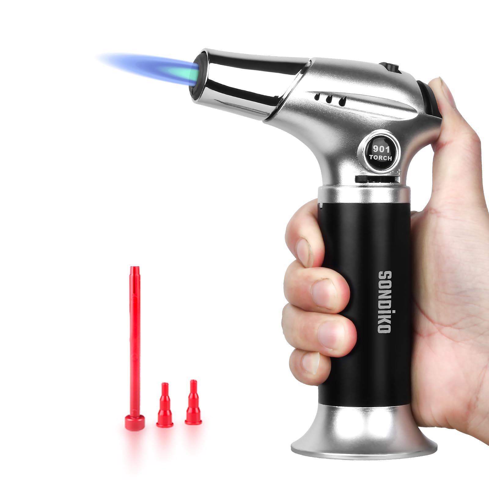 Sondiko Kitchen Blow Torch S901, Refillable Kitchen Butane Torch with Safety Lock and Adjustable Flame for DIY, Creme Brulee, BBQ and Baking(Butane Gas Not Included)