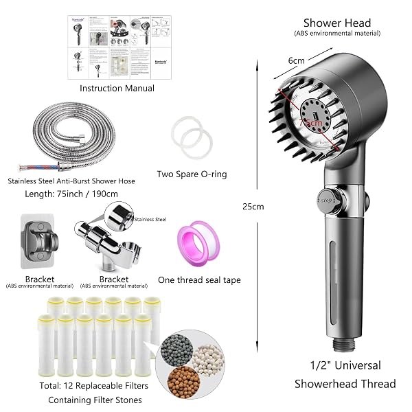FILTERED SHOWER HEAD WITH HANDHELD, 12 REPLACEMENT FILTERS FOR HARD WATER & CHLORINE REMOVAL, 75″ HIGH PRESSURE ANTI-BURST HOSE, POWER WASH FOR DEEP CLEANING & ONE-BUTTON PAUSE SWITCH FOR KIDS & PETS
