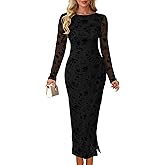 MITILLY Women Floral Bodycon Midi Dress 2025 Fall Elegant Mesh Long Sleeve Split Wedding Guest Cocktail Formal Dresses