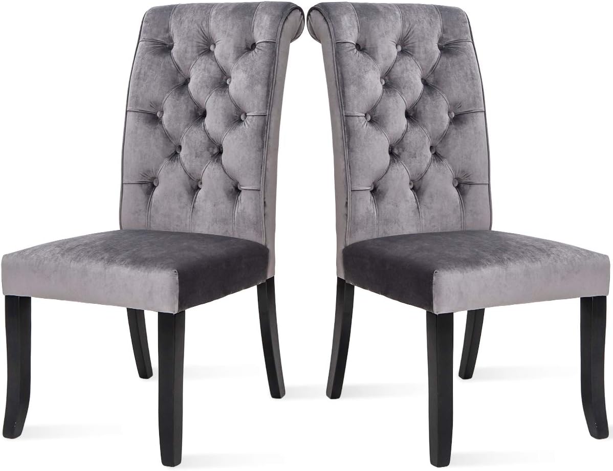 Norcia Velvet Fabric Dining Chairs (Set of 2), Modern Button Tufted Kitchen Chairs, Padded Side Chairs with Solid Wood Legs Dining Room Chair (Grey)