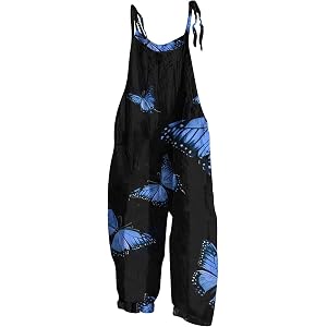 Girl Wide Leg Jumpsuits Cute Butterfly Print Loose Adjustable Strap Rompers with Pocket for 5-14 Years