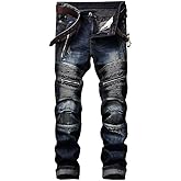 AITITIA Men's Biker Zipper Deco Washed Straight Fit Jeans