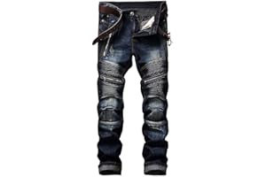AITITIA Men's Biker Zipper Deco Washed Straight Fit Jeans