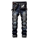 AITITIA Men's Biker Zipper Deco Washed Straight Fit