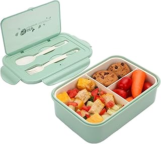 1000 ml Brotdose aus Kunststoff für Kinder Und Erwachsene, Bento Box Lunchbox mit 3 Fächern und Besteck, Vesperdose Mikrowelle Heizung (Grün)