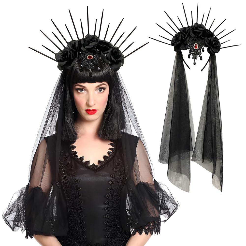 Flower Crown Headband With Long Veil Gothic Floral Hairband Ghost Bride Headdress Rose Crown Headhoop Wedding Bridal Hair Hoop Wreath Garland Floral Headwear Women Halloween Day Of The Dead Headpiece
