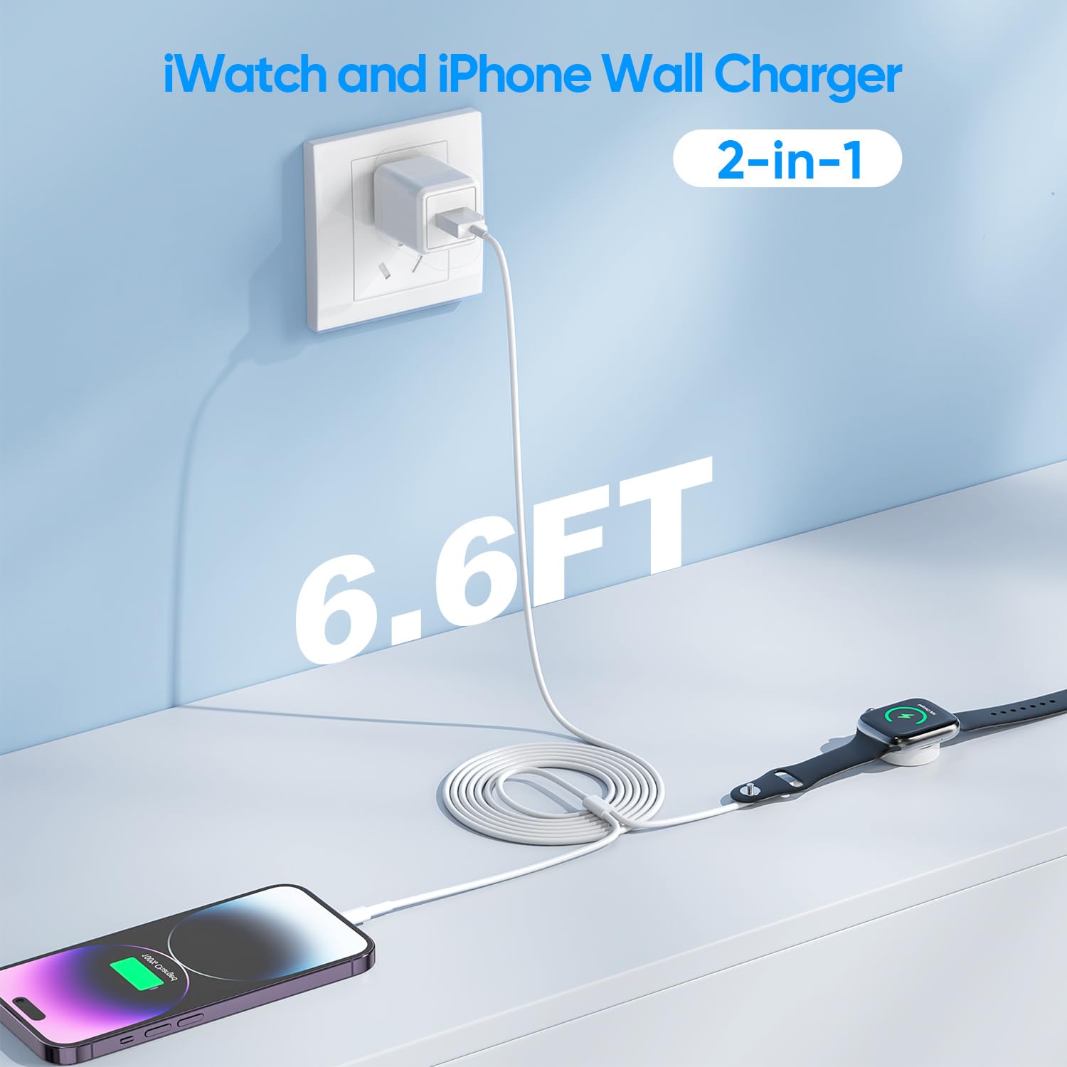 2 in 1 Apple Watch Charger,[MFi Certified] 6.6FT iWatch Charger iPhone Charging Cable with USB Wall Charger Travel Plug Adapter Charger for Apple Watch Series 8/7/6/5/4/3/SE & iPhone 14/13/12/11/X/XR