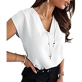 Lynwitkui Women's V Neck Chiffon Blouses Cap Sleeve Shirts Casual Loose Work Office Solid Tops
