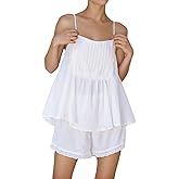 Xfileen Womens Summer 2 Piece Set Sleeveless Tie Straps Ruffle Trim Top and Shorts Sets Soft Cozy Pajamas Set