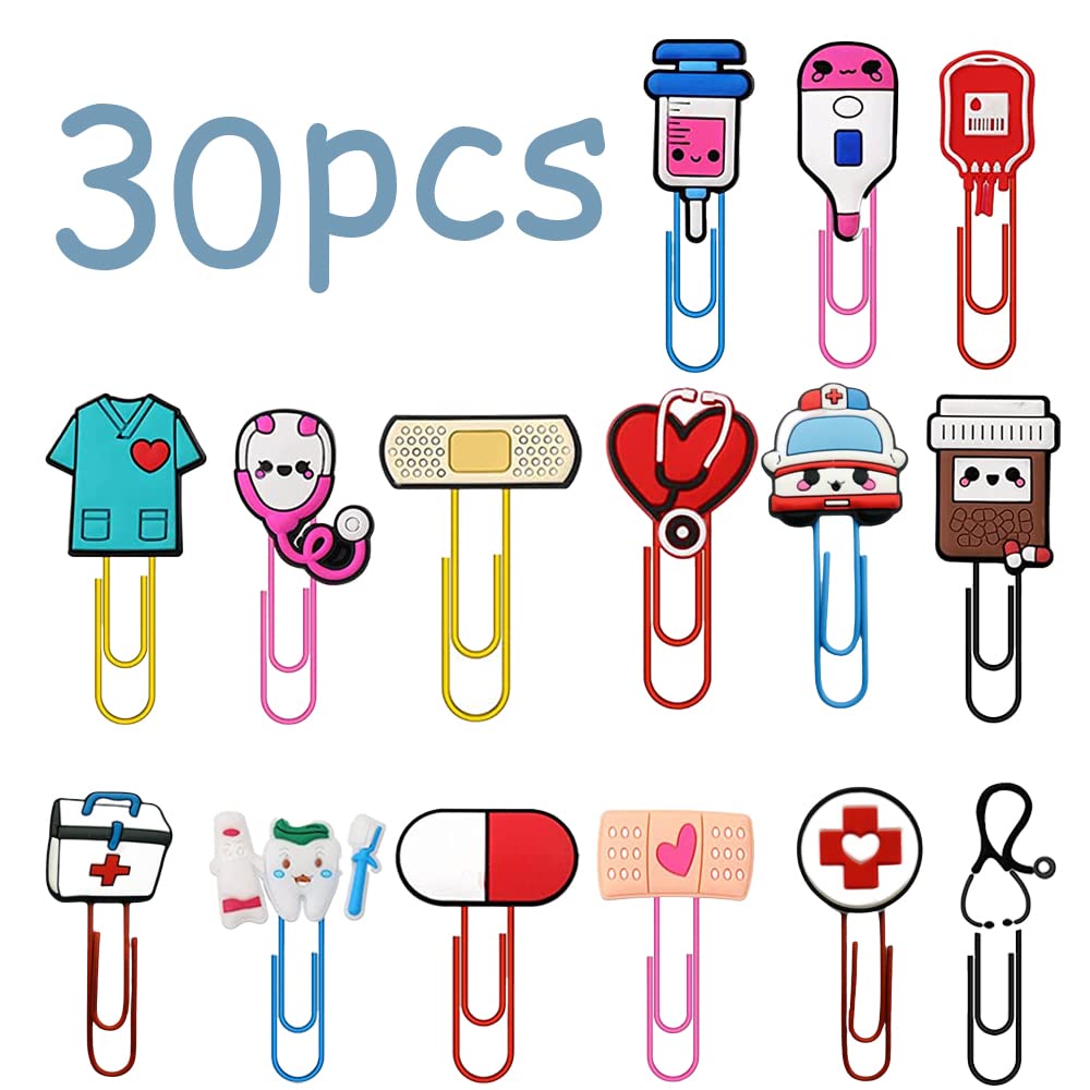 Photo 1 of 30 Pieces Cute Bookmarks-Cartoon Nurse Theme Paperclip Bookmark for Organize Folder Bookmarker for Nurse Gift,Nursing School Student Teacher Office Supply