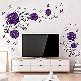 Supzone Purple Rose Wall Stickers Rose Flower Vine Wall Decal Purple Peony Floral Wall Decor DIY Vinyl Mural Art for Bedroom Living Room Sofa Backdrop