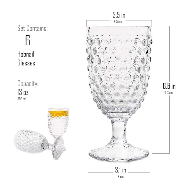 G HOBNAIL DRINKING GLASSES 6 SET, 13.3 OZ VINTAGE WATER GOBLETS ICED TEA BEVERAGE GOBLETS HOBNAIL GLASSWARE,HOBNAIL GOBLET GLASSES,GLASS CUPS FOR WINE,SODA,JUICE,DINNER PARTIES,BARS, RESTAURANTS CLEAR