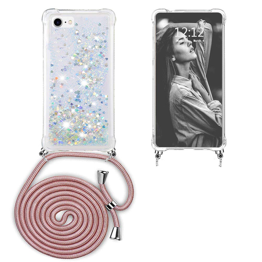 Ptny Glitter Case Compatible with iPhone 7/8, for Girls Bling Quicksand Liquid Sparkle Case with Adjustable Neck Strap Lanyard, Soft TPU Bumper Shockproof Cover - Rose gold