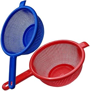 Always23 Plastic Strainer with handle, 9.5 Inch, 2 Pack, 4 Assorted colors, Plastic Strainer Colander with Long Handle,