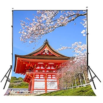 Lyly County 5x7ft Japanese Red Architecture Cherry Blossoms Photography Backdrop Tourist Attractions Photo Video Studio Props Wall PB409